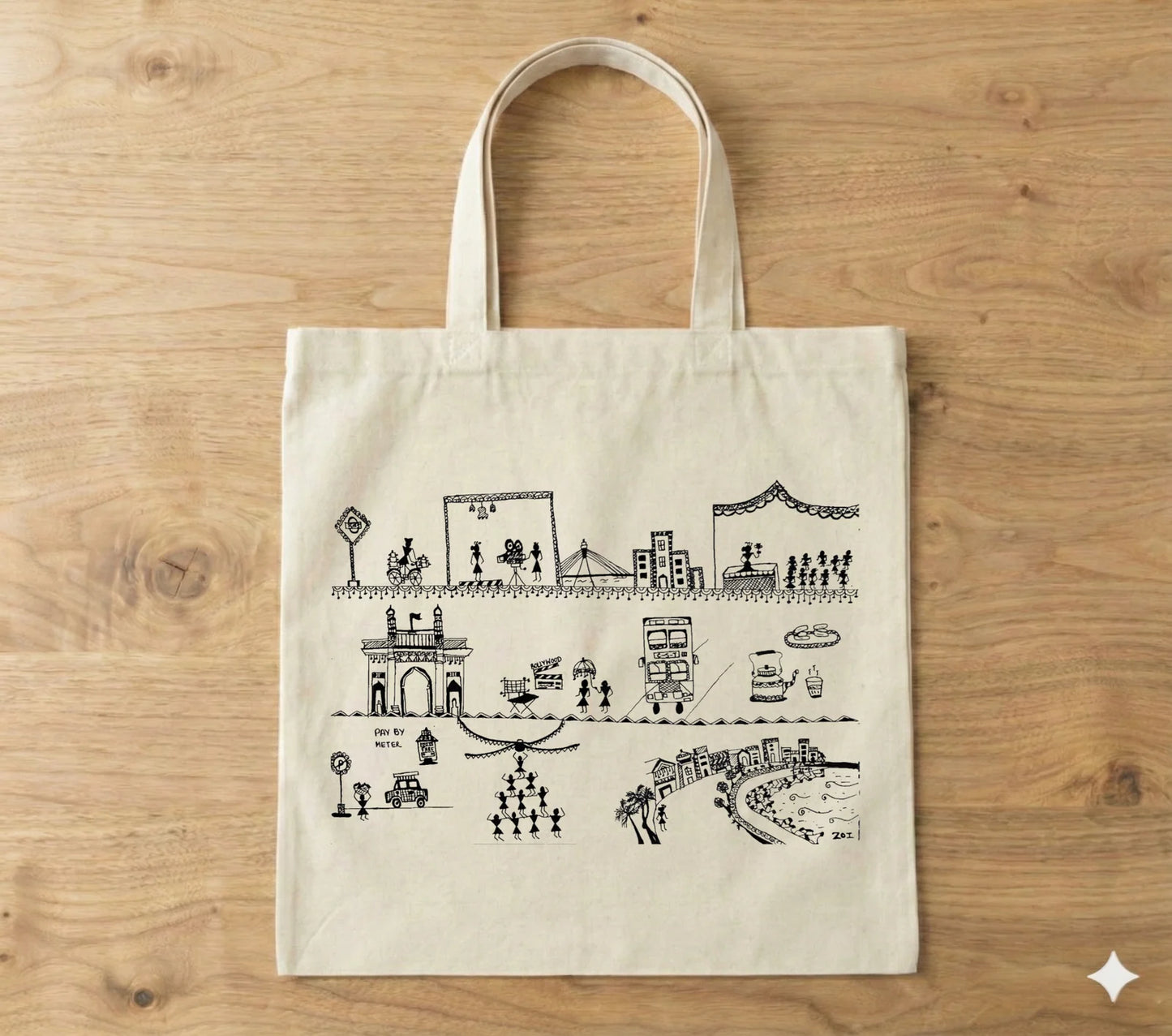 606Handcrafted Bastar-Inspired Art Tote Bag – Mumbai City Storytelling Design on Eco-Friendly Cotton | Unique Ethnic Accessory