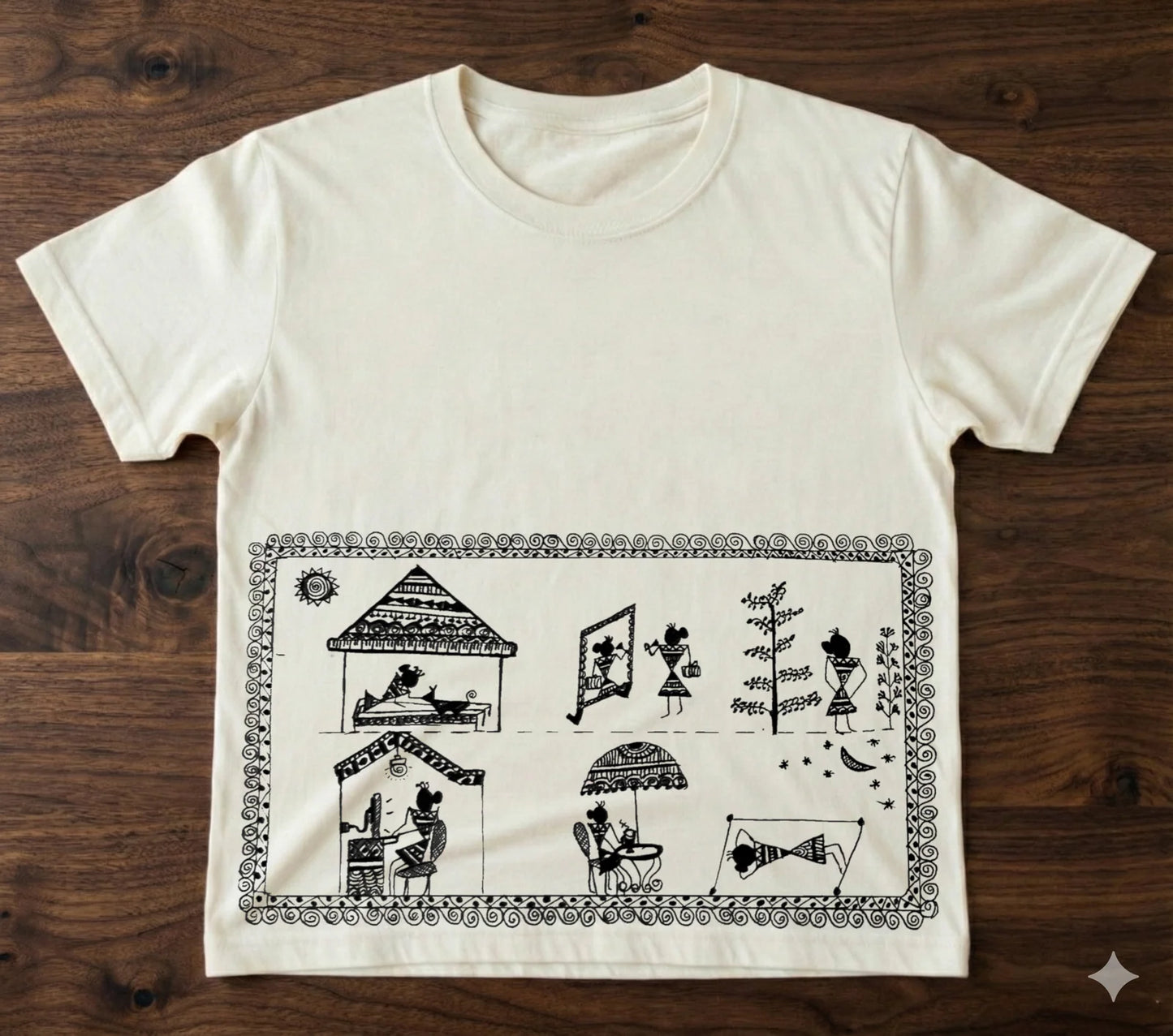 610 Handcrafted Bastar-Inspired Art T-Shirt – Tribal Village Life Design on Premium Cotton | Unique Ethnic Wear