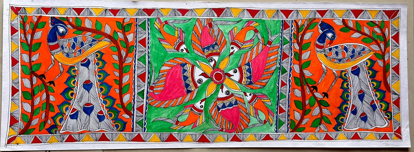 305 Handmade Madhubani Painting of Peacocks & Fish Motifs – Traditional Indian Folk Art | Bihar Handicraft