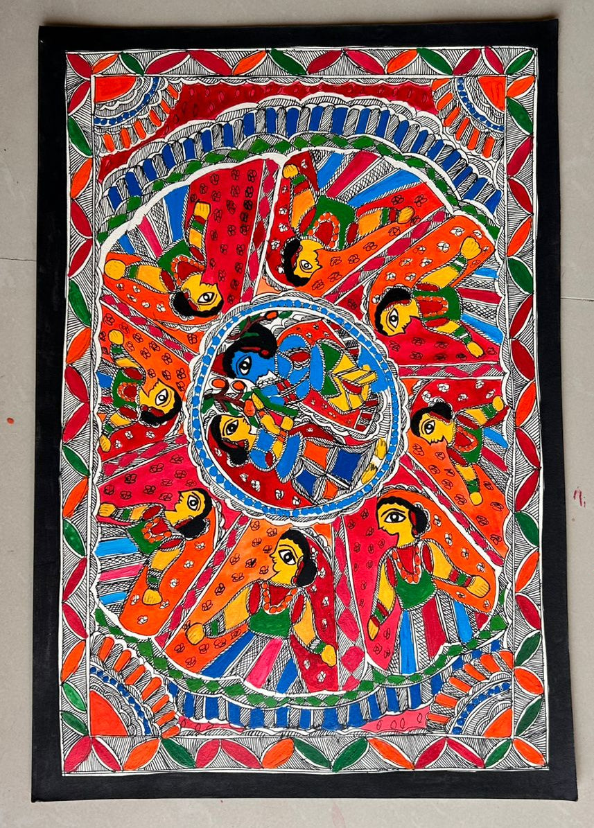 313 Handmade Madhubani Painting of Ras Leela – Traditional Indian Folk Art | Bihar Handicraft