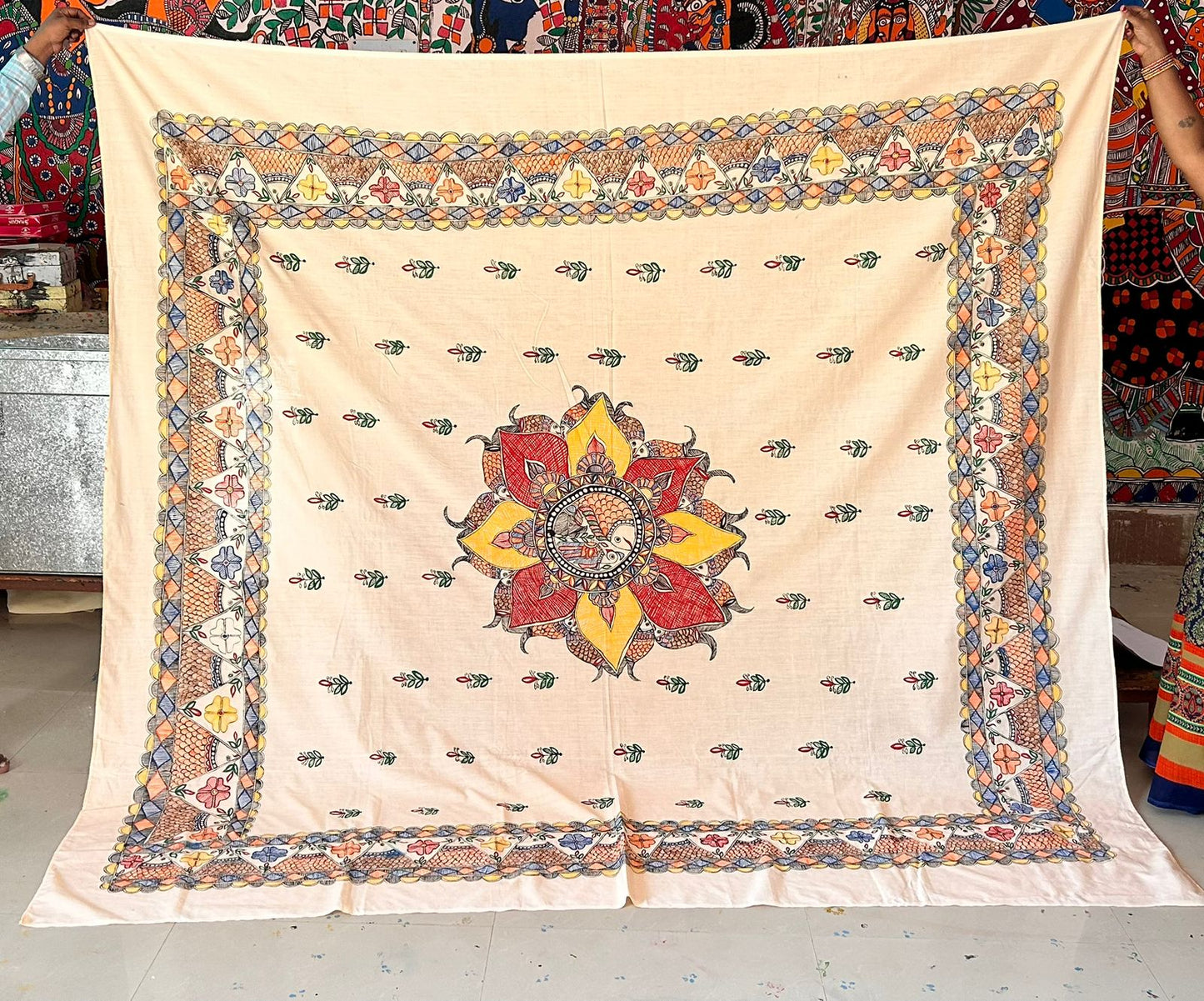 320 Handmade Madhubani Painting on Cotton Fabric – Radha Krishna Motif with Floral Border | Bihar Handicraft