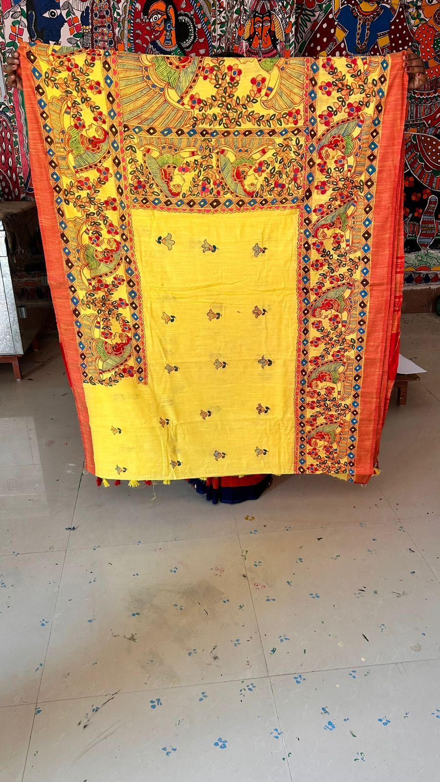 328 Handmade Madhubani Painting on Silk Saree – Yellow & Orange with Peacock Motifs | Bihar Handicraft