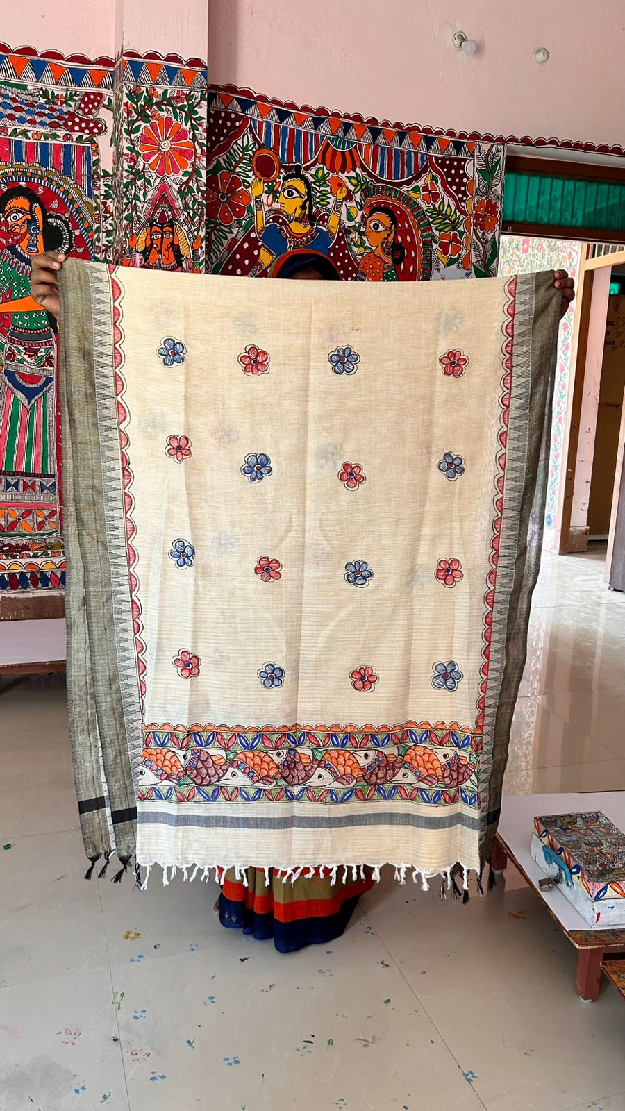 327 Handmade Madhubani Painting Dupatta – Elegant Floral Motifs on Cotton | Bihar Handicraft