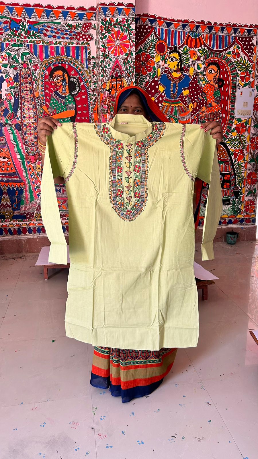 329 Handmade Cotton Kurta with Madhubani Painting – Elegant Ethnic Wear | Bihar Handicraft