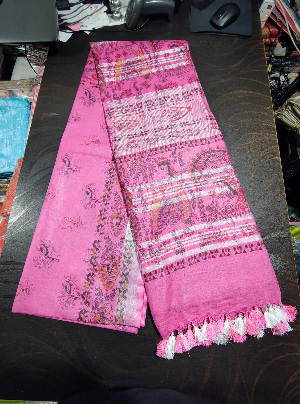 528 Handwoven Bhagalpur Silk Dupatta – Bright Pink with Madhubani-Inspired Peacock & Floral Motifs | Bihar Handloom