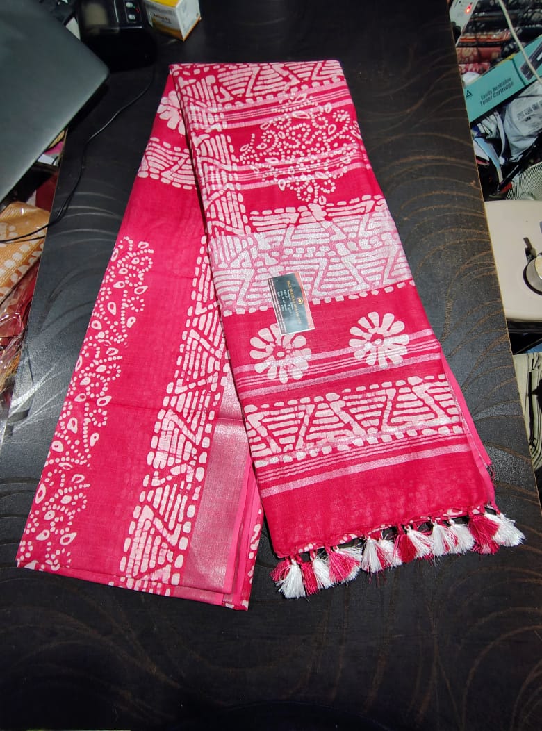 522 Handwoven Bhagalpur Silk Dupatta – Bright Pink with White Tie-Dye Floral & Geometric Motifs | Bihar Handloom