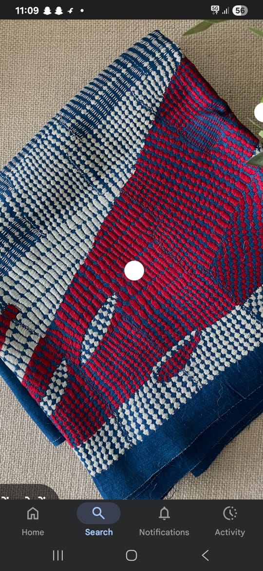 421 Handmade Madhubani Painting Dupatta – Red & Blue Abstract Geometric Design | Bihar Handicraft