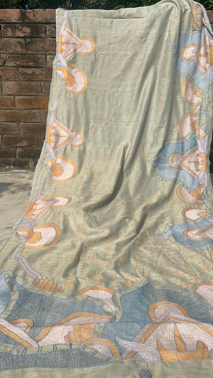 409 Handcrafted Sujini Embroidery Saree – Beige Base with Multicolor Folk Art Motifs | Bihar Handloom