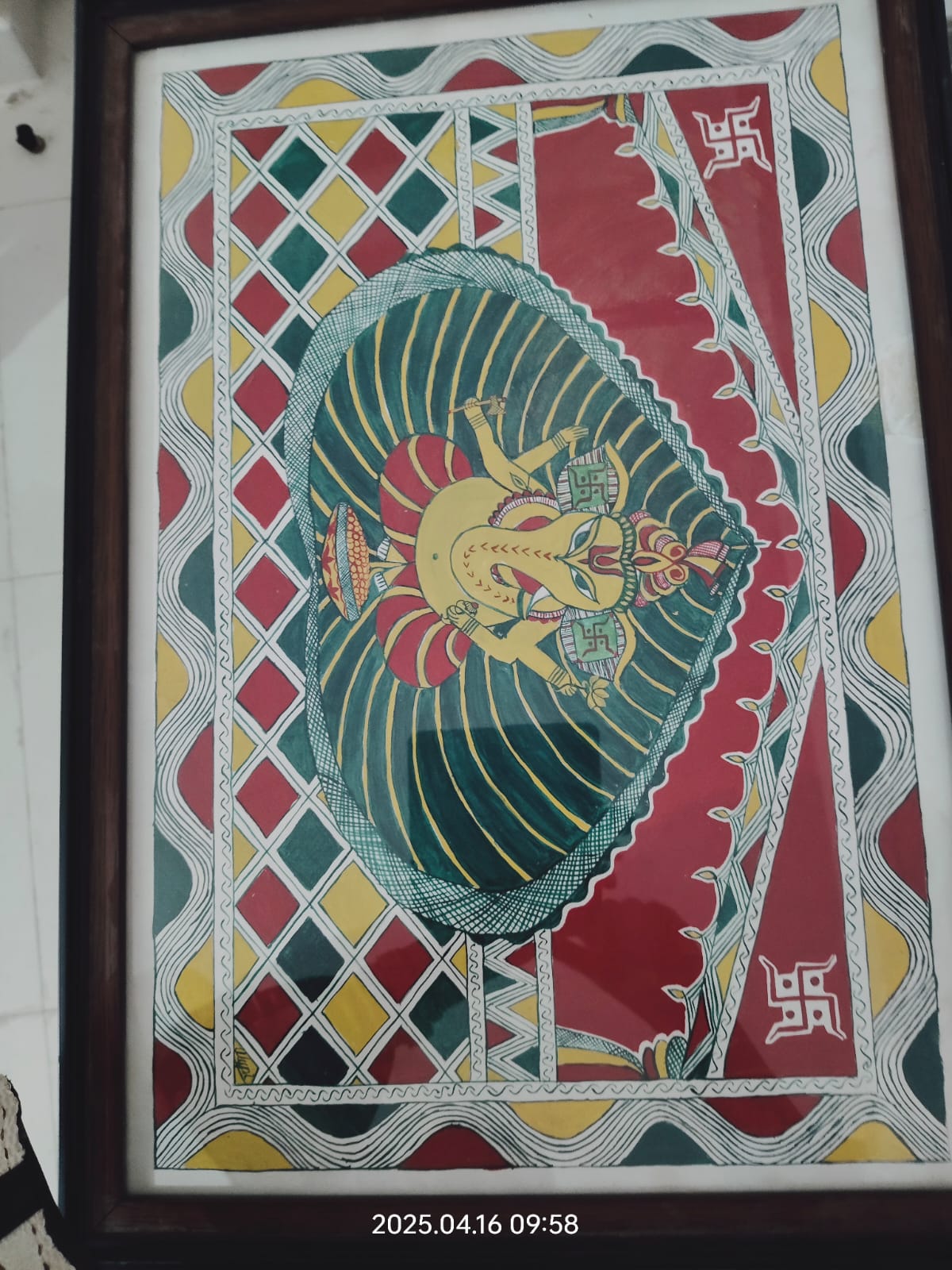 Handcrafted Manjusha Painting – Lord Ganesha Motif with Traditional Geometric Borders | Bihar Folk Art