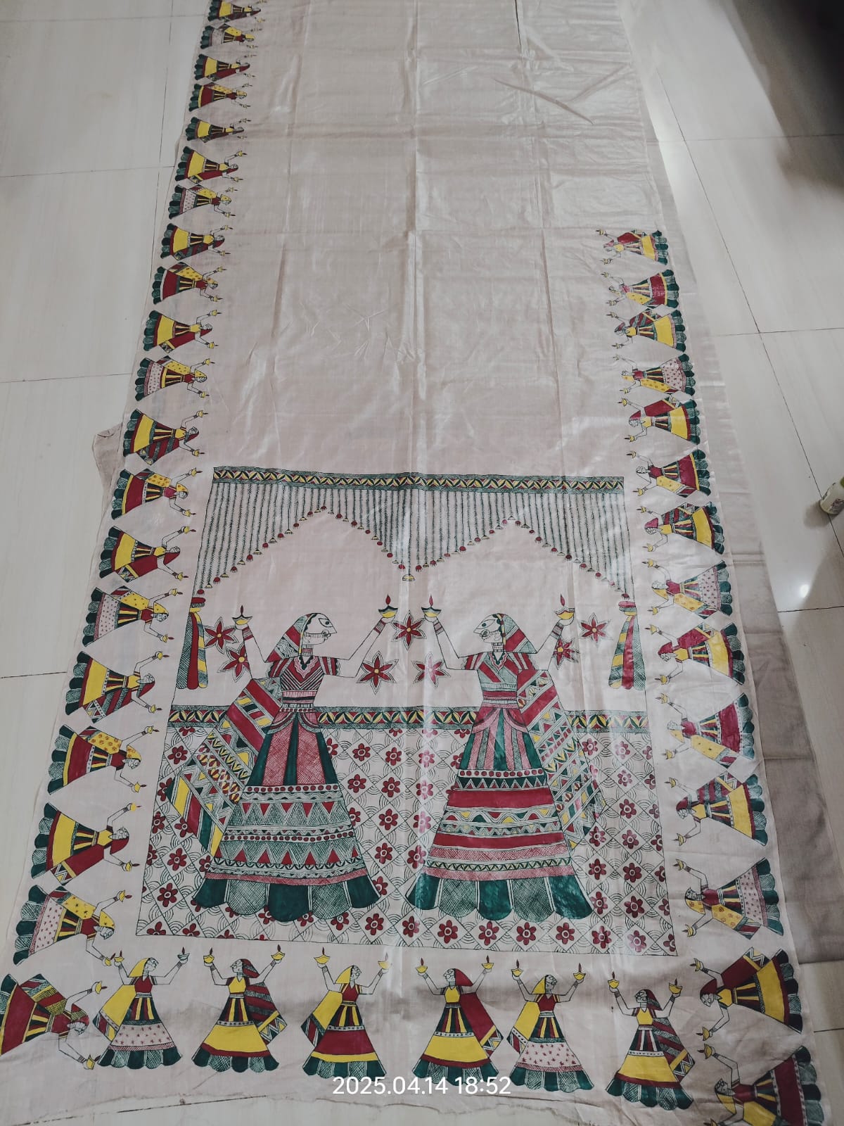 Handcrafted Manjusha Painting Saree – Off-White Base with Folk Dance Motifs | Bihar Traditional Art