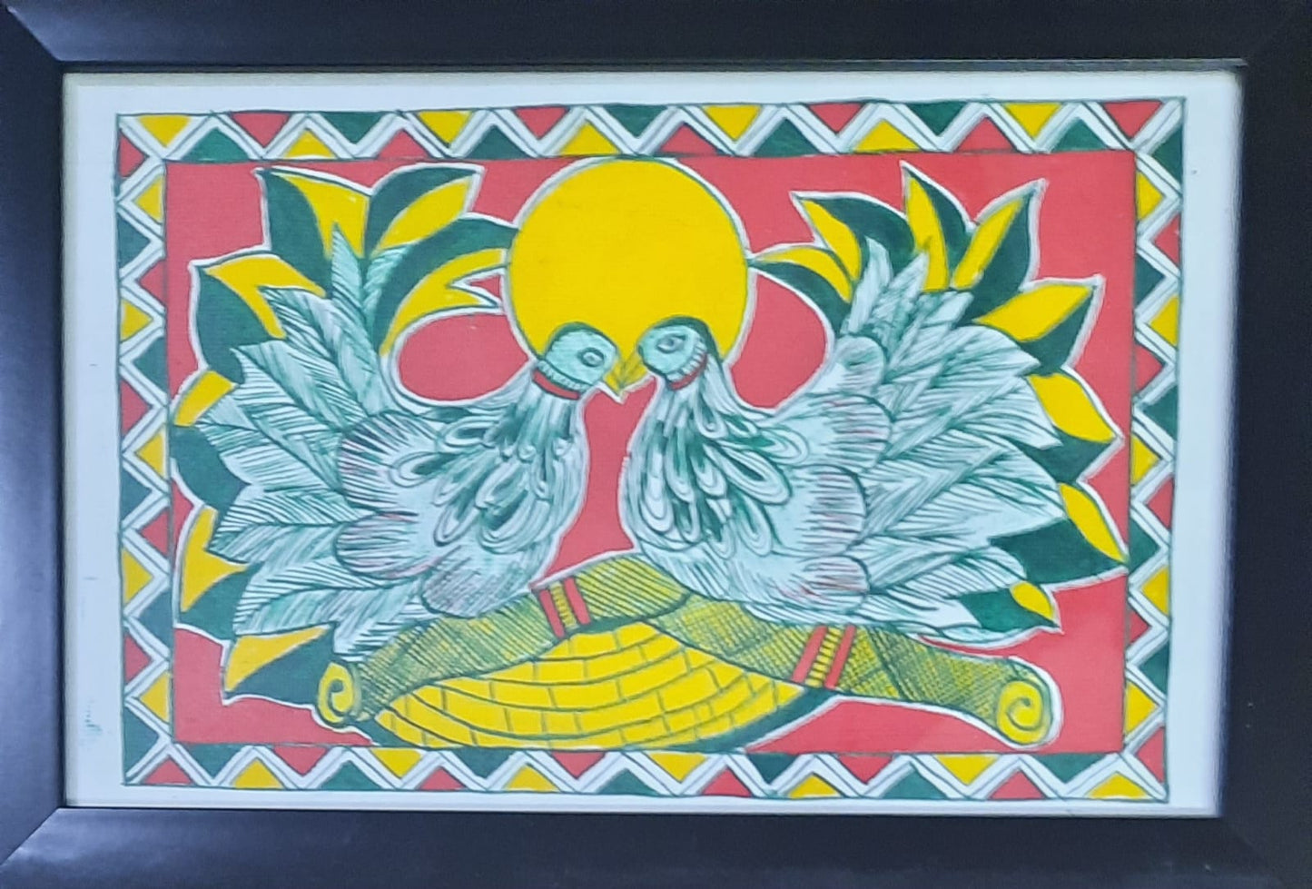 Handcrafted Manjusha Painting – Love Birds Folk Art on Framed Canvas | Bihar Traditional Art