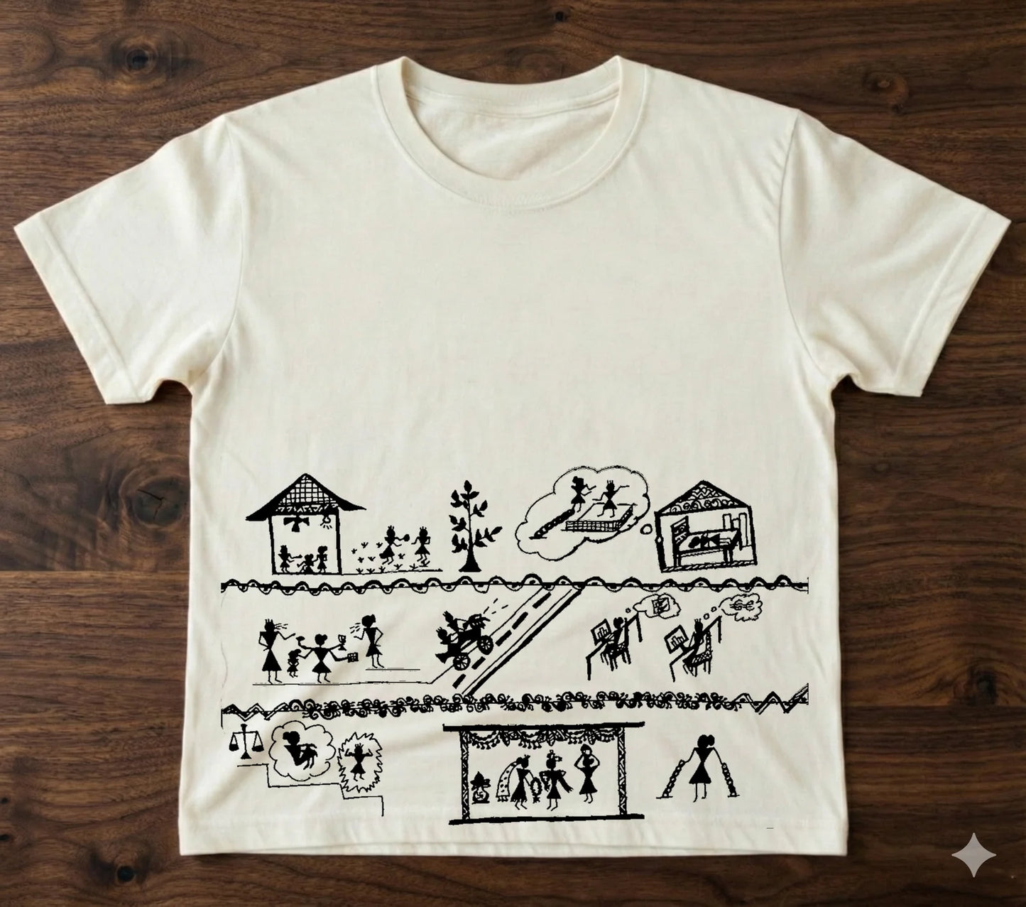 613Handcrafted Bastar-Inspired Art Women's T-Shirt – Tribal Daily Life Story Design on Premium Cotton | Unique Ethnic Wear