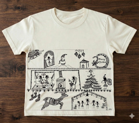 602Handcrafted Bastar-Inspired Art T-Shirt – Tribal Storytelling Design on Premium Cotton | Unique Ethnic Wear