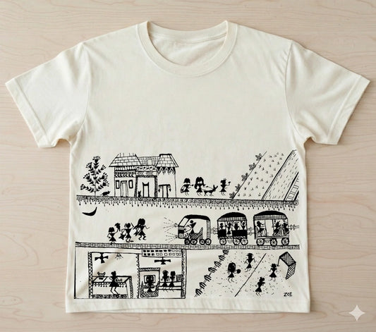 603 Handcrafted Bastar-Inspired Art T-Shirt – Tribal Storytelling Design on Premium Cotton | Unique Ethnic Wear