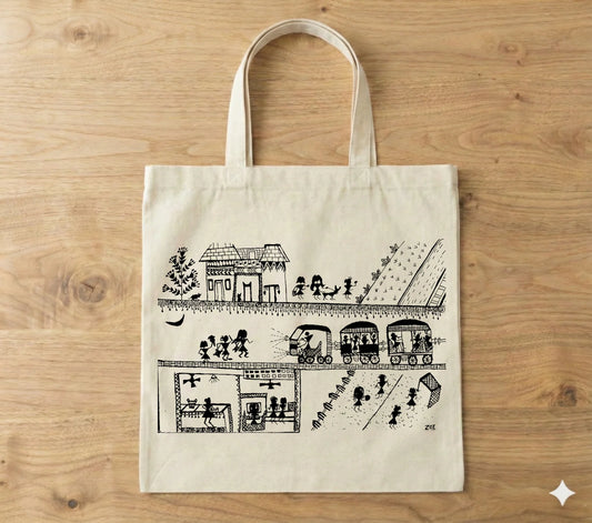 604Handcrafted Bastar-Inspired Art Tote Bag – Tribal Storytelling Design on Eco-Friendly Cotton | Unique Ethnic Accessory