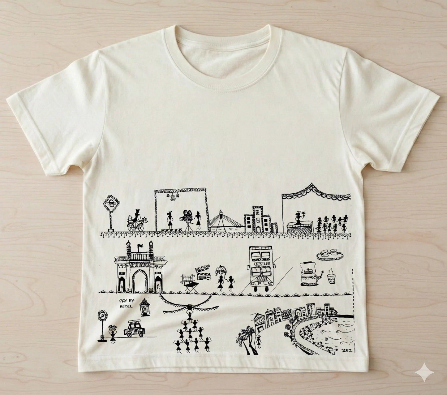 605 Handcrafted Bastar-Inspired Art T-Shirt – Mumbai City Storytelling Design on Premium Cotton | Unique Ethnic Wear