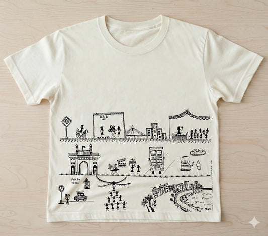 605 Handcrafted Bastar-Inspired Art T-Shirt – Mumbai City Storytelling Design on Premium Cotton | Unique Ethnic Wear
