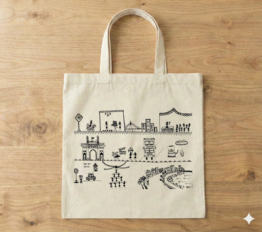 606Handcrafted Bastar-Inspired Art Tote Bag – Mumbai City Storytelling Design on Eco-Friendly Cotton | Unique Ethnic Accessory