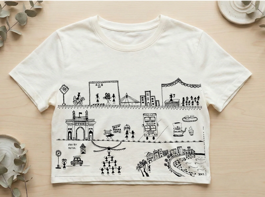 607 Handcrafted Bastar-Inspired Art T-Shirt – Mumbai City Storytelling Design on Premium Cotton | Unique Ethnic Wear