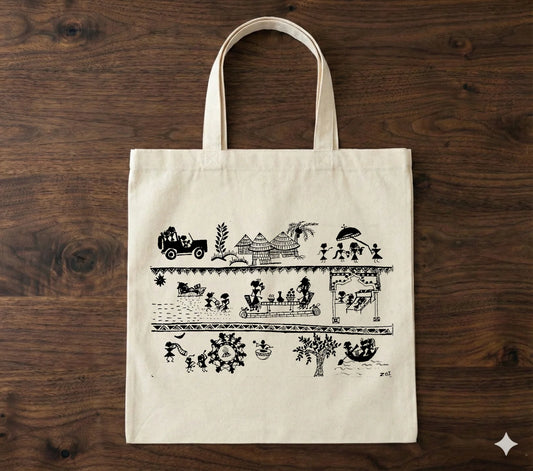 609  Handcrafted Bastar-Inspired Art Tote Bag – Tribal Wedding Story Design on Eco-Friendly Cotton | Unique Ethnic Accessory