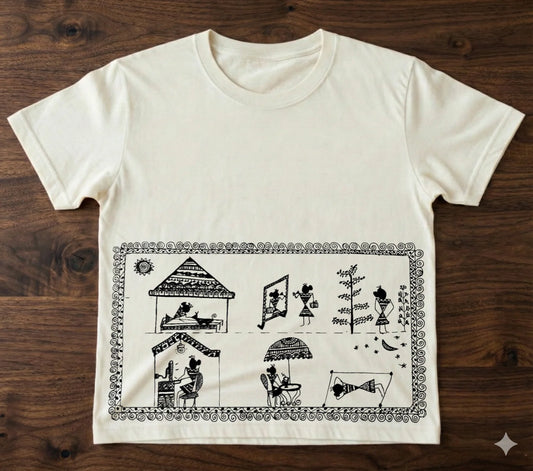 610 Handcrafted Bastar-Inspired Art T-Shirt – Tribal Village Life Design on Premium Cotton | Unique Ethnic Wear