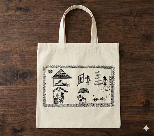 611  Handcrafted Bastar-Inspired Art Tote Bag – Tribal Village Life Design on Eco-Friendly Cotton | Unique Ethnic Accessory