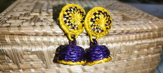 Handmade Sikki Craft Yellow & Purple Jhumka Earrings – Traditional Bihar Grass Jewelry