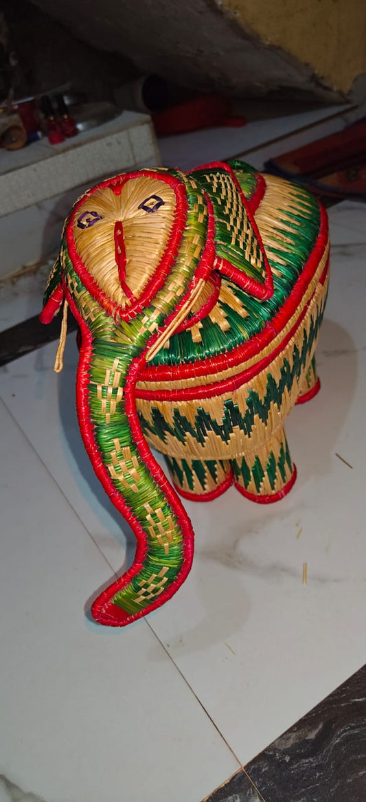 Handmade Sikki Craft Elephant Basket – Traditional Bihar Handwoven Home Décor