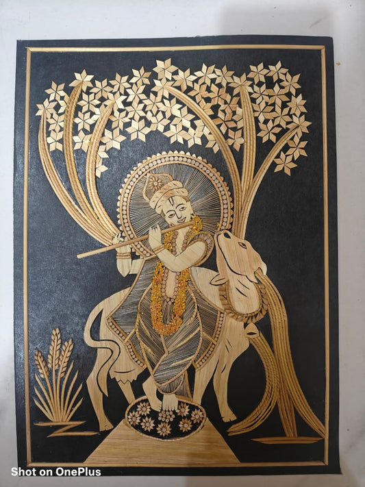 Handcrafted Sikki Art Wall Frame – Krishna with Flute and Cow Design from Bihar