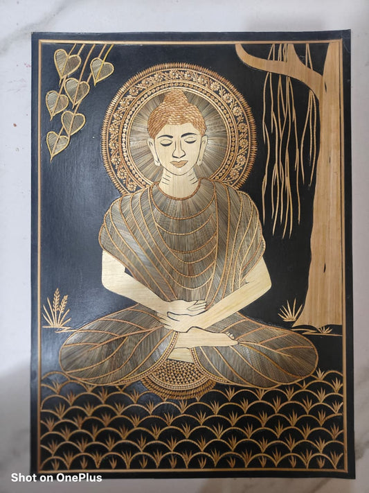 Handcrafted Sikki Art Wall Frame – Bihar Folk Craft Depicting Meditative Buddha