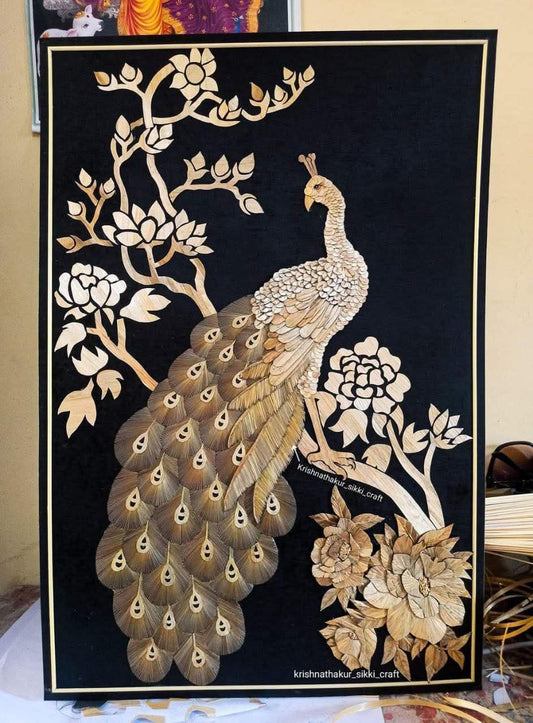 Handcrafted Sikki Art Wall Frame – Elegant Peacock Design from Bihar Folk Craft
