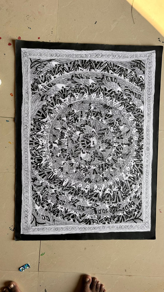 302  Handmade Black & White Madhubani Painting – Traditional Indian Folk Art | Bihar Handicraft