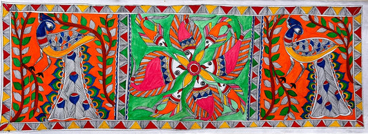 305 Handmade Madhubani Painting of Peacocks & Floral Motifs – Traditional Indian Folk Art | Bihar Handicraft