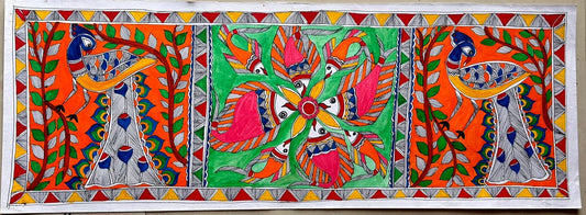305  Handmade Madhubani Painting of Peacocks & Fish Motifs – Traditional Indian Folk Art | Bihar Handicraft