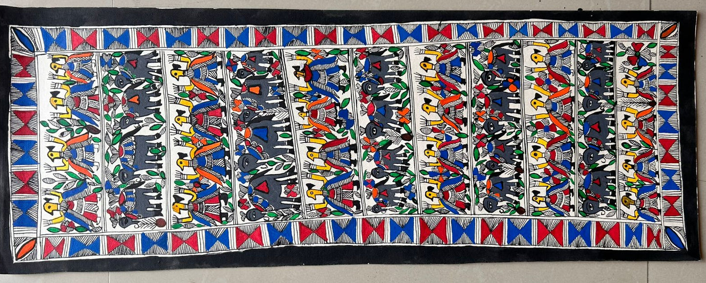 306 Handmade Madhubani Painting of Elephants & Nature – Traditional Indian Folk Art | Bihar Handicraft