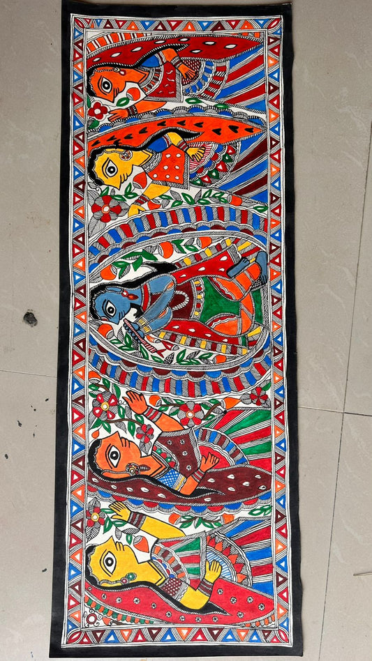 314  Handmade Madhubani Painting of Radha Krishna & Gopis – Traditional Indian Folk Art | Bihar Handicraft