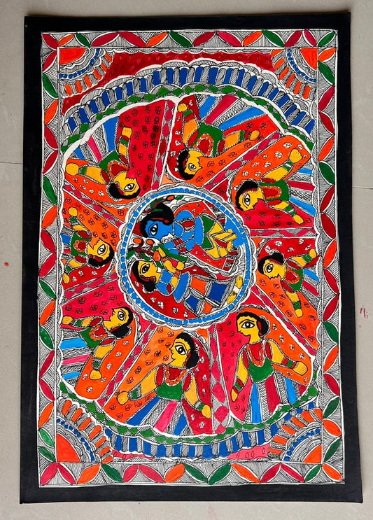 313 Handmade Madhubani Painting of Ras Leela – Traditional Indian Folk Art | Bihar Handicraft