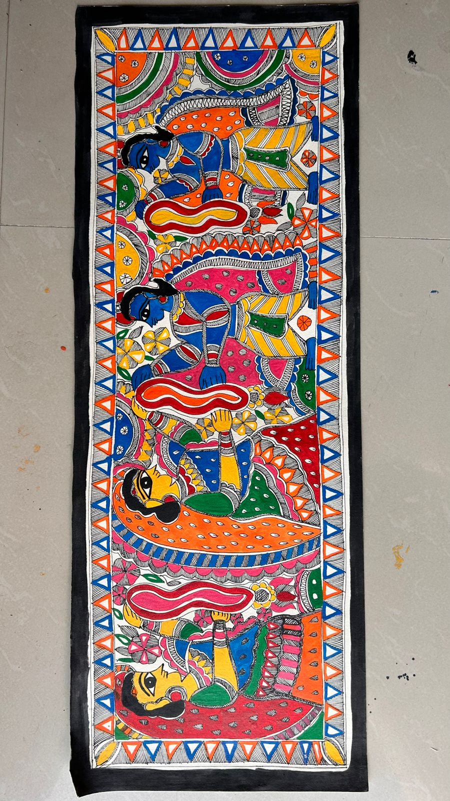 318 Handmade Madhubani Painting of Radha Krishna with Gopis – Traditional Indian Folk Art | Bihar Handicraft