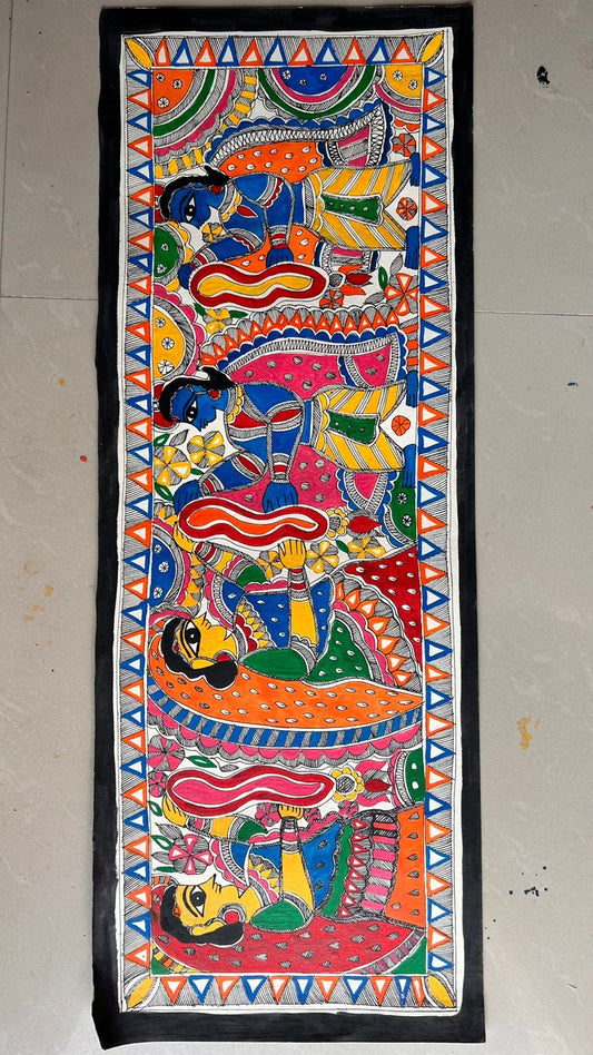 318 Handmade Madhubani Painting of Radha Krishna with Gopis – Traditional Indian Folk Art | Bihar Handicraft