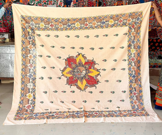 320  Handmade Madhubani Painting on Cotton Fabric – Radha Krishna Motif with Floral Border | Bihar Handicraft