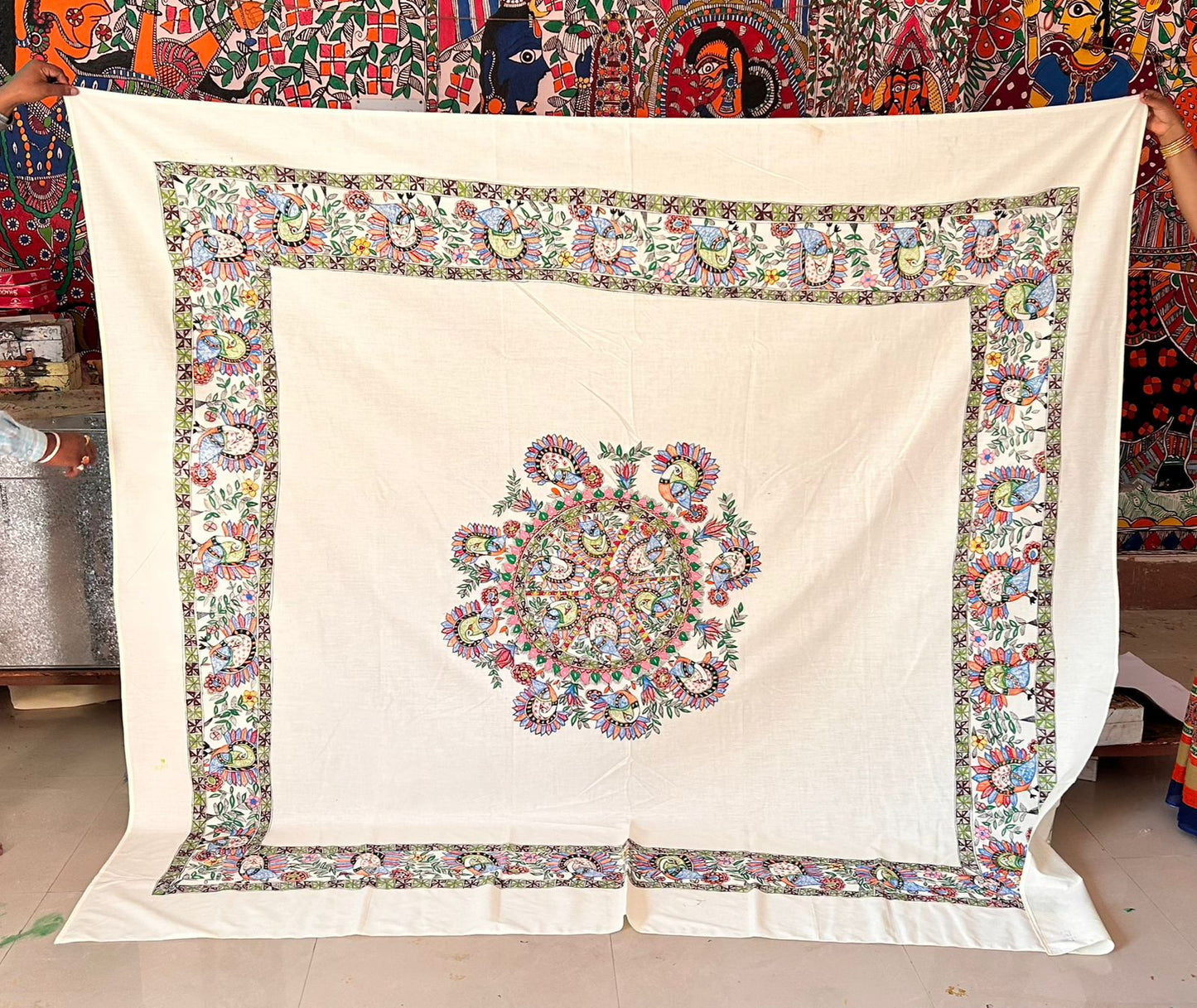 324 Handmade Madhubani Painting Bedspread – Intricate Floral & Peacock Motifs on Cotton | Bihar