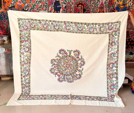 324 Handmade Madhubani Painting Bedspread – Intricate Floral & Peacock Motifs on Cotton | Bihar