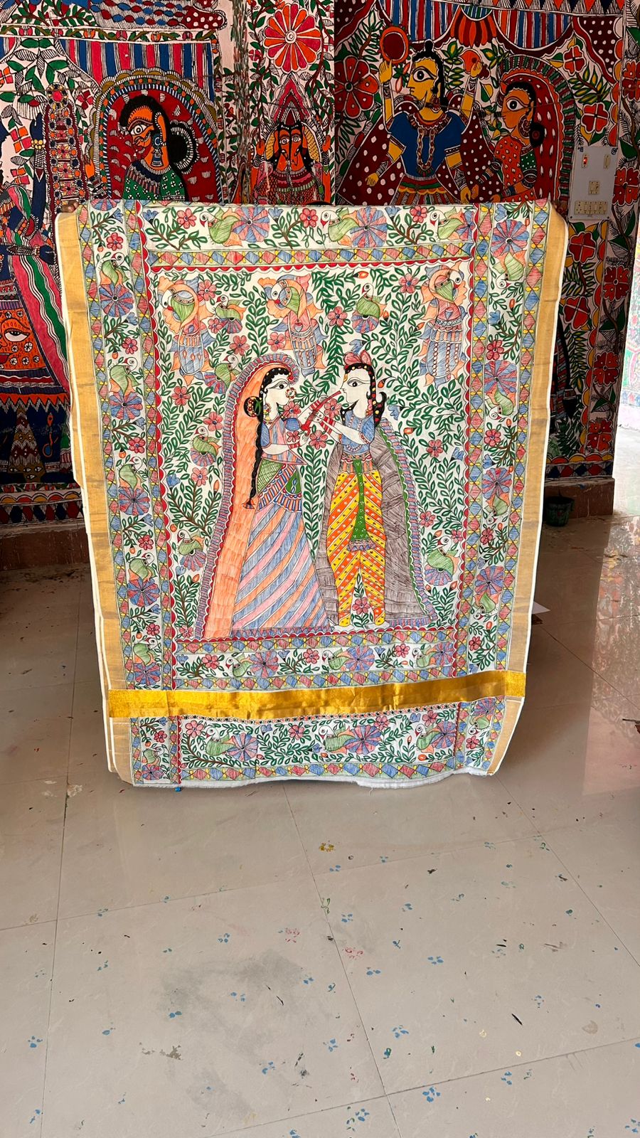 322  Handmade Madhubani Painting on Silk Fabric – Radha Krishna Theme | Bihar Handicraft