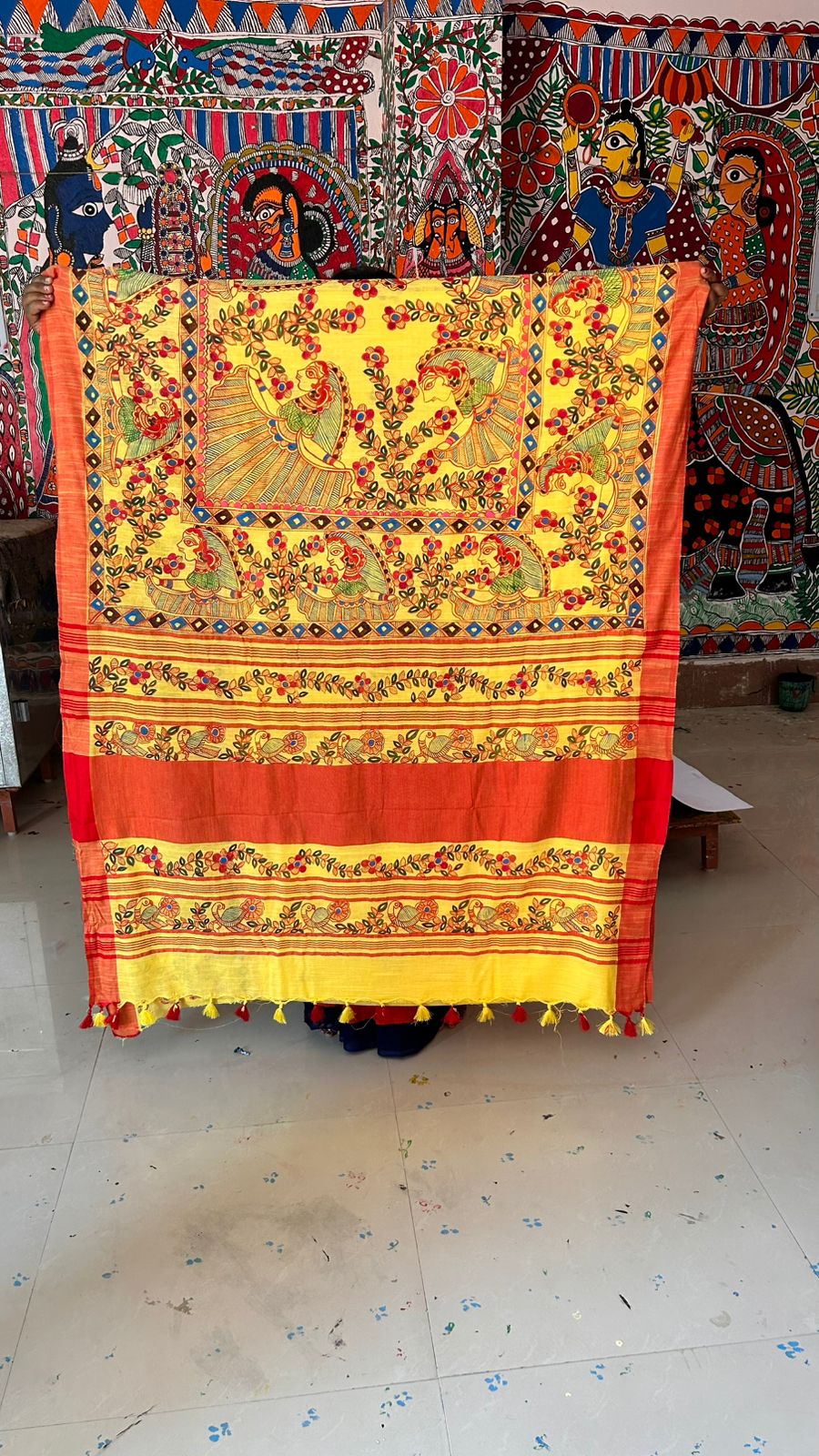 323  Handmade Madhubani Painting Silk Saree – Yellow & Orange with Peacock Motifs | Bihar Handicraft