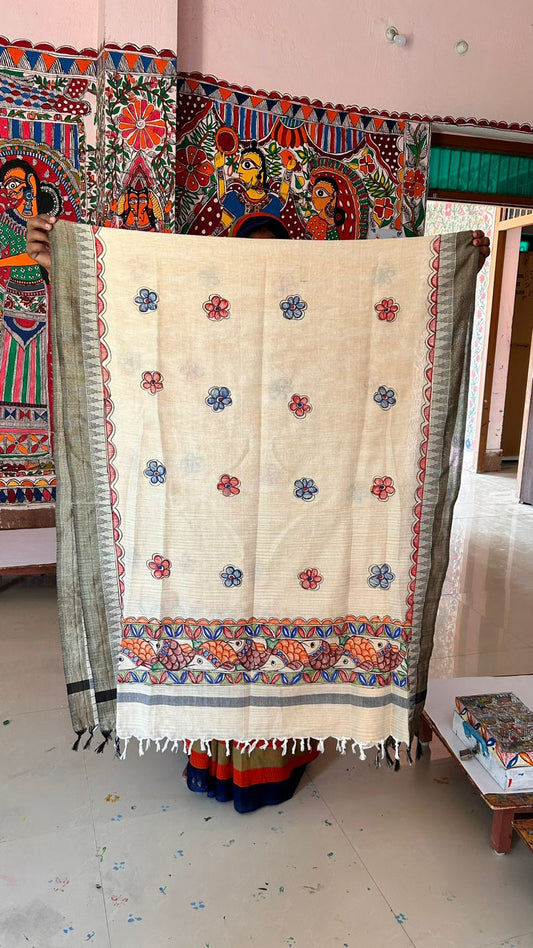 327 Handmade Madhubani Painting Dupatta – Elegant Floral Motifs on Cotton | Bihar Handicraft