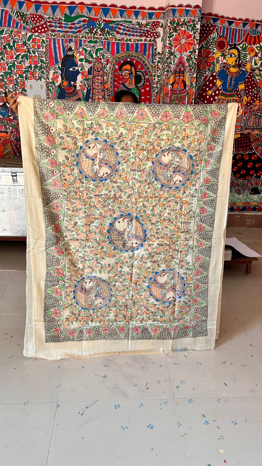 334  Handmade Madhubani Painting on Silk Fabric – Peacock & Floral Motif | Bihar Handicraft