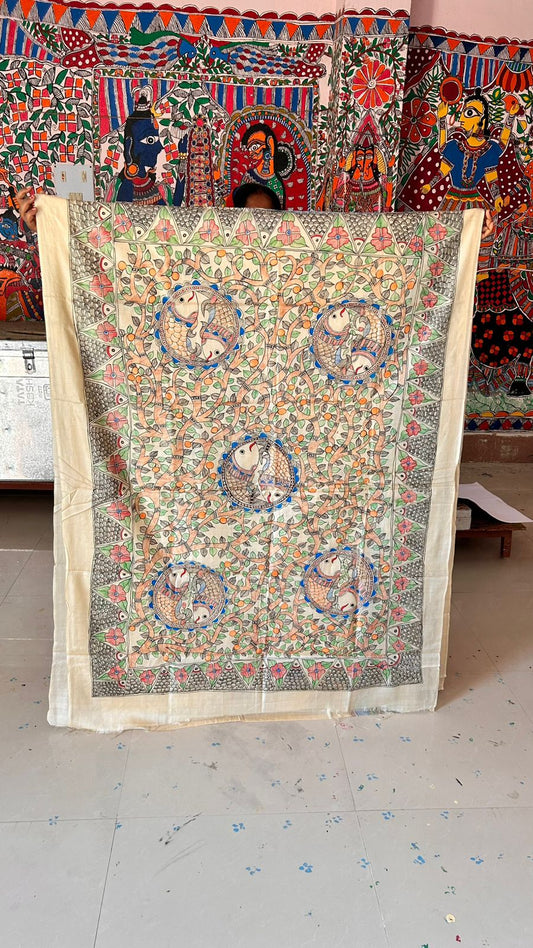 334  Handmade Madhubani Painting on Silk Fabric – Peacock & Floral Motif | Bihar Handicraft