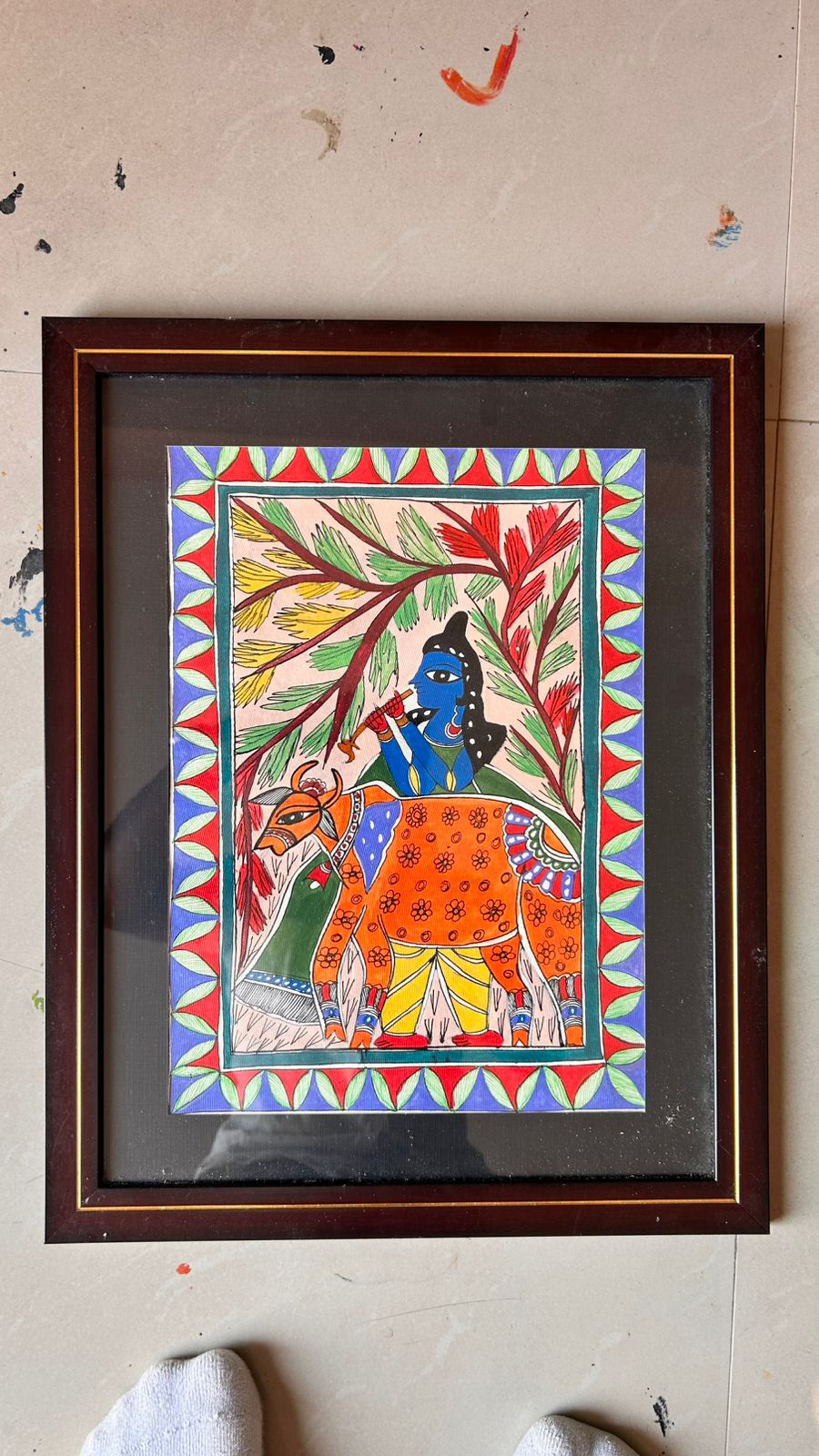 336 Handmade Madhubani Painting of Krishna with Cow – Traditional Indian Folk Art | Bihar Handicraft