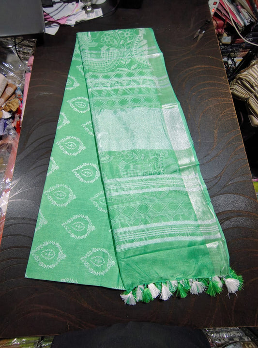 532 Handwoven Bhagalpur Silk Dupatta – Elegant Green with White Woven Motifs | Bihar Handloom