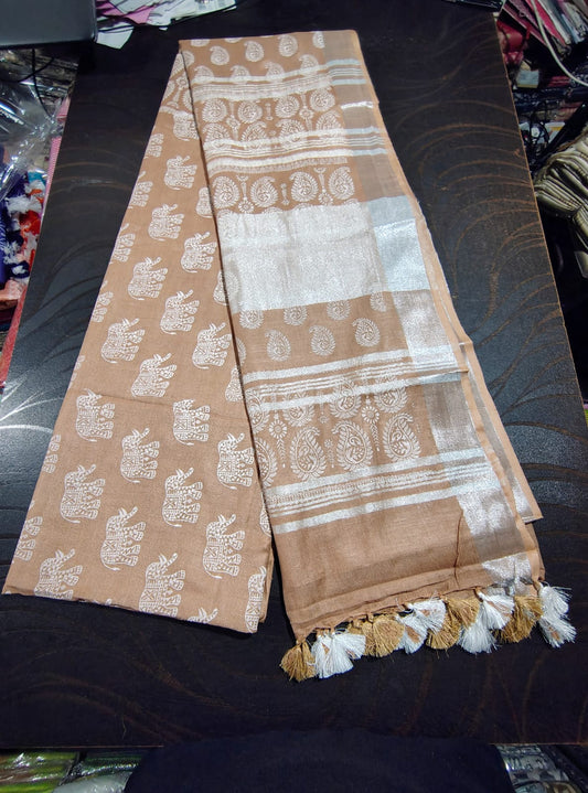 531 Handwoven Bhagalpur Silk Dupatta – Coffee Brown with White Elephant & Paisley Motifs | Bihar Handloom